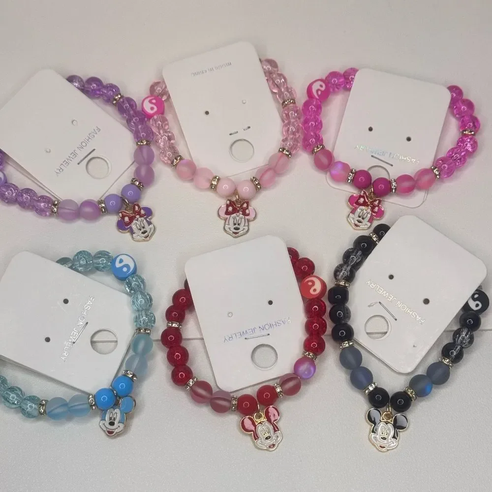 Colorful Kids Beaded Stretch Bracelet Black beads Mickey charm